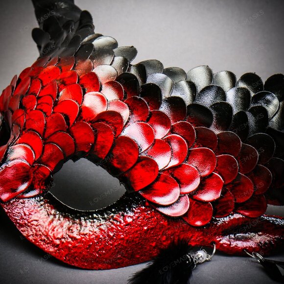 Krampus Horns Red Squama Animal Devil Halloween Masquerade Women Eye Mask Red - Picture 5 of 5